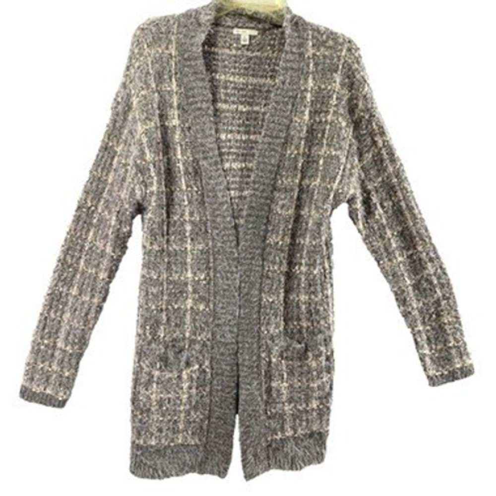 Est 1946 Womens Long Cardigan Large Gray Pink Plaid Fuzzy Open Front Sweater